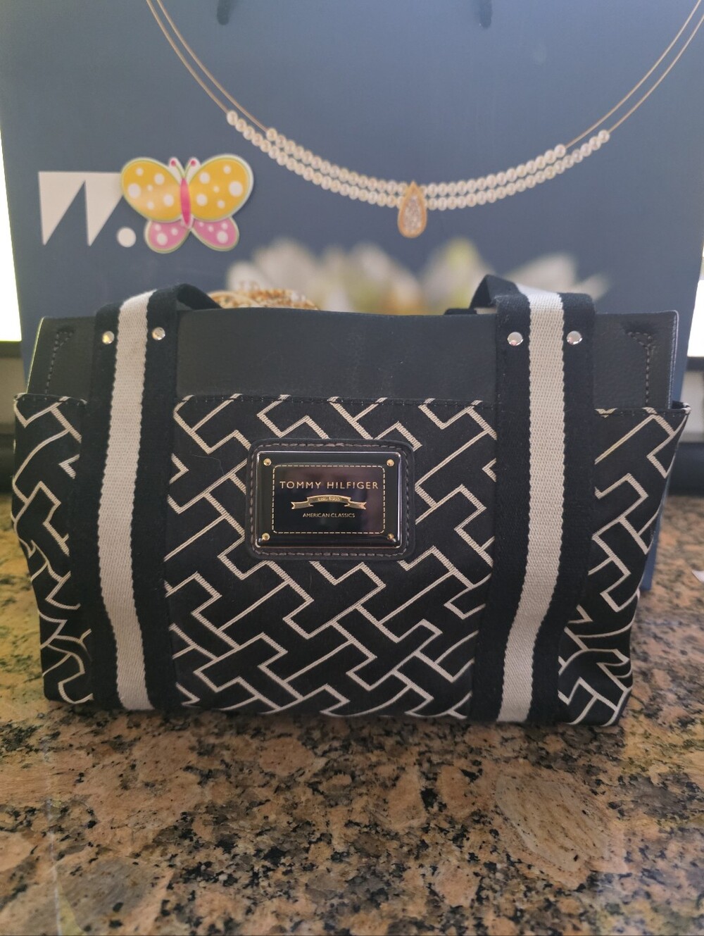 Vintage Tommy Hilfiger Women's Y2K Mini Tote Tan And Black